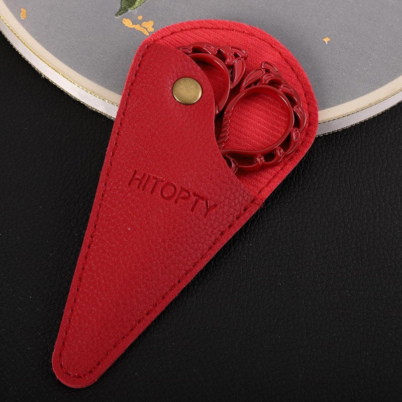 HITOPTY Sewing Embroidery Scissors with Cover, Sharp Threading Scissors for Needlework Craft Yarn Art Paper Detail Cutting, Straight Tip Little Snips Red Vintage - Image 4